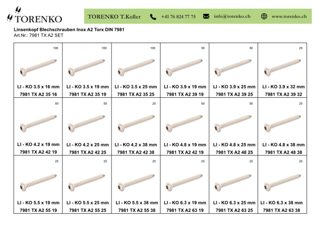 Linsenkopf Blechschrauben Torx Inox A2 Sortiment 825-tlg.